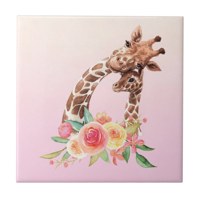 Cute Giraffe Watercolor Mamma & Baby Kakelplatta (Framsidan)