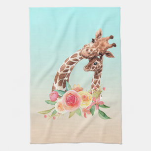 Cute Giraffe Watercolor Mamma & Baby Kökshandduk