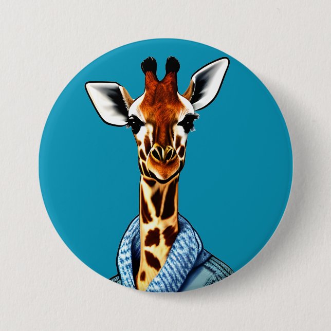 Cute Giraffe Wearing a Denim Jacka Knapp (Framsida)