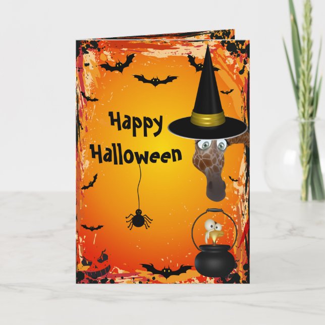 Cute Giraffe Witch och Bird Brew Halloween Card Kort (Framsida)