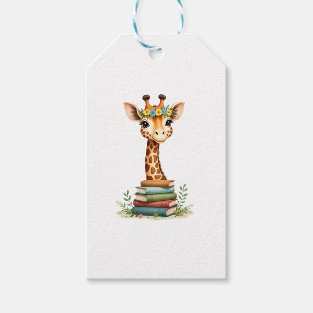 Cute Giraffe With Book Floral Bookworm Librarian B Presentetikett (Framsidan)