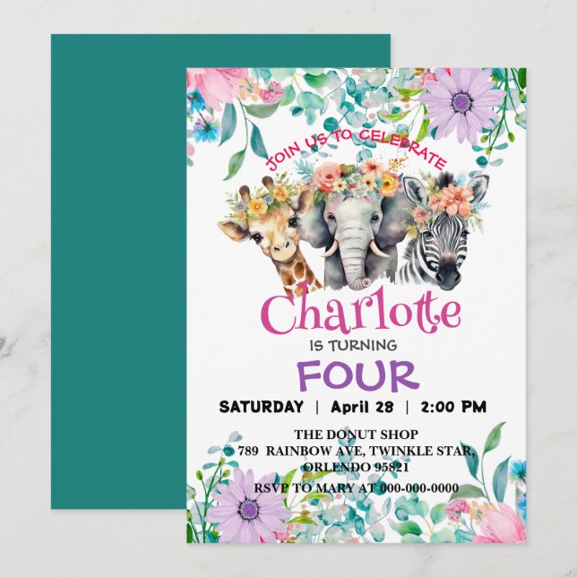 Cute Giraffe Zebra jungle Animals Birthday Blommig Inbjudningar (Fram/baksida)