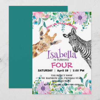 Cute Giraffe Zebra jungle Animals Birthday Flower Inbjudningar