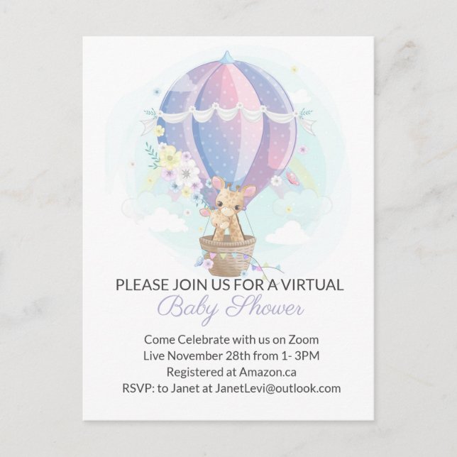 Cute Giraffes in Luftballong Baby Shower Vykort (Framsida)