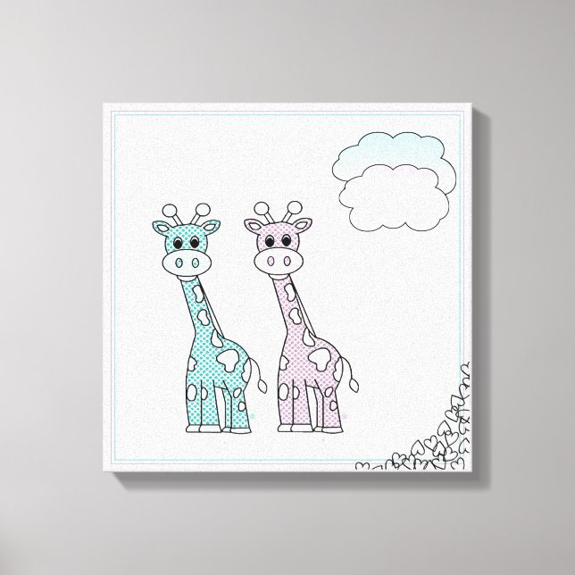 Cute Giraffes med örter och moln Canvastryck (Framsida)