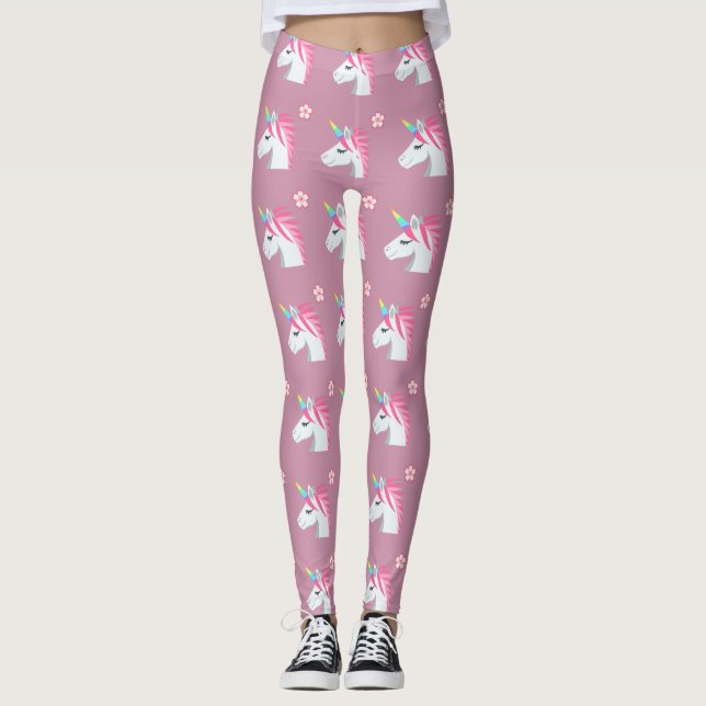 Cute Gire Rosa Unicorn Flower Emoji Mönster Leggings (Framsida)