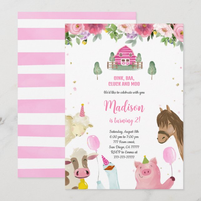 Cute Girl 2nd Farm Birthday Inbjudningar (Fram/baksida)