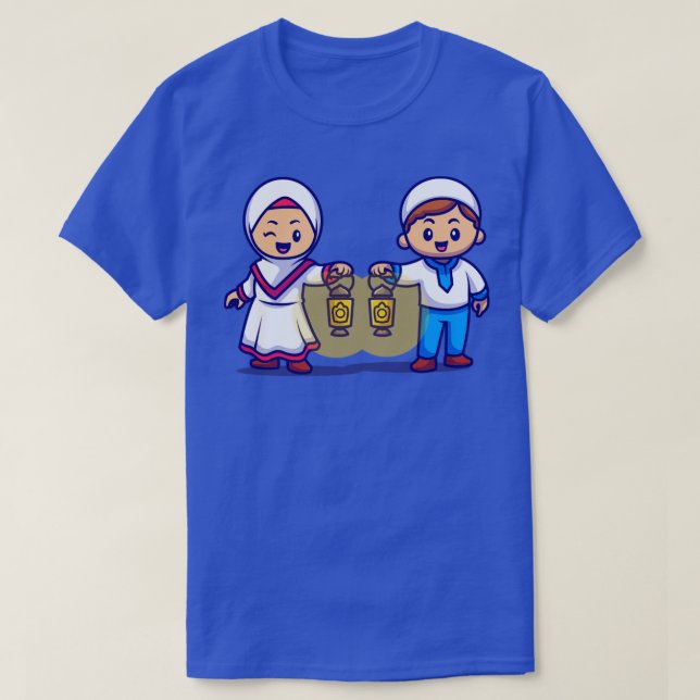 Cute Girl and Boy Moslem tar med sig Lantern Lamp  T Shirt (Design framsida)