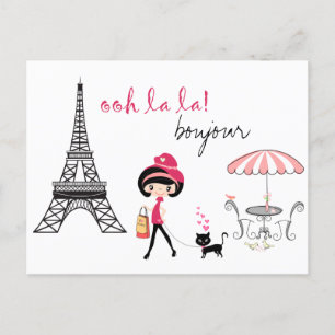 Cute Girl and Cat in Paris Eiffel Torn Bonjour Vykort
