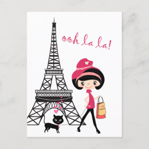 Cute Girl and Cat in Paris Eiffel Torn Vykort