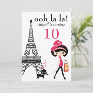 Cute Girl and Cat Paris Eiffel Torn Birthday Inbjudningar