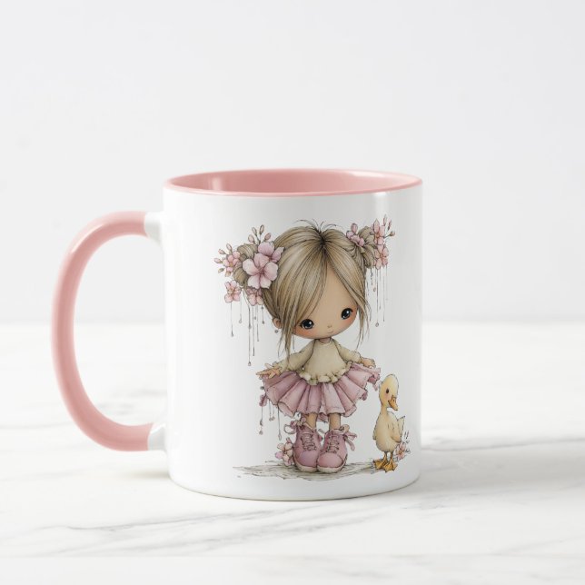 Cute Girl and Duckling Whimsical Nursery Art Mugg (Vänster)