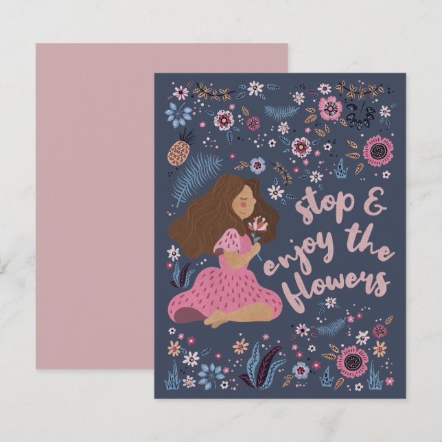 Cute Girl and Flowers - Stop and Ejoy Anteckningskort (Fram/baksida)