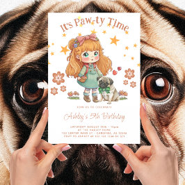 Cute Girl and Pug Det är Pawty Time Birthday Inbjudningar