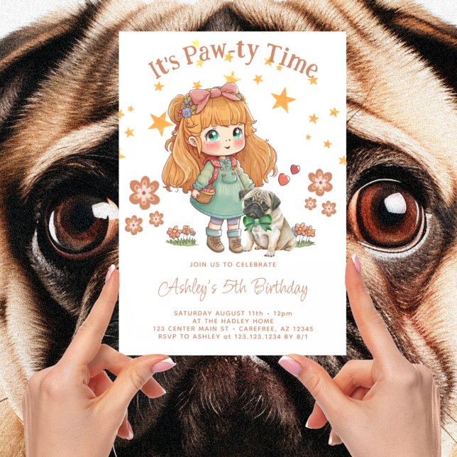 Cute Girl and Pug Det är Pawty Time Birthday Inbjudningar (Skapare uppladdad)