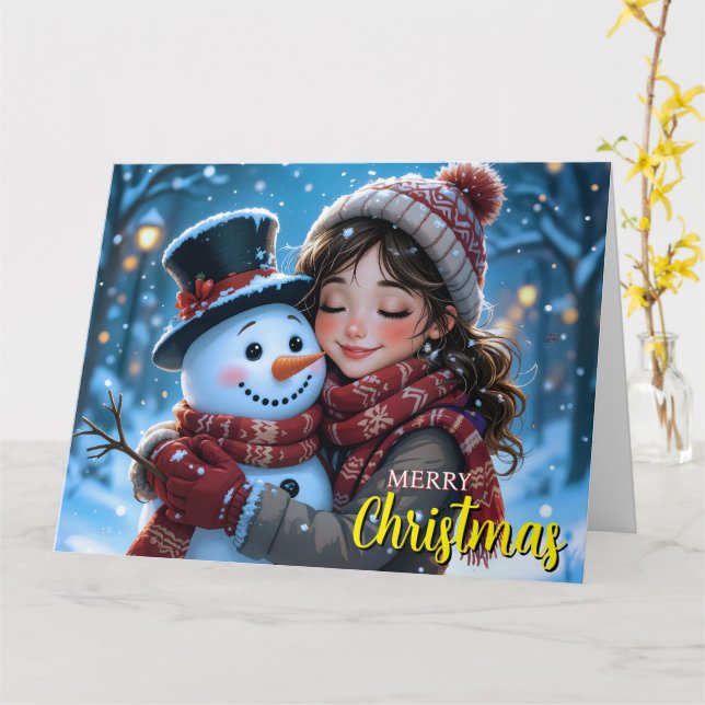 Cute Girl and Snögubbe-julkort Kort (Gul blomma)