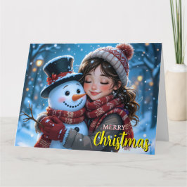 Cute Girl and Snögubbe-julkort Kort