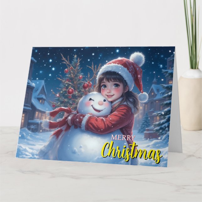 Cute Girl And Snowman Christmas Card Kort (Framsida)