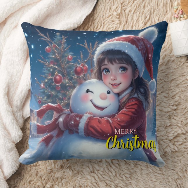 Cute Girl And Snowman Christmas Kudde (Filt)