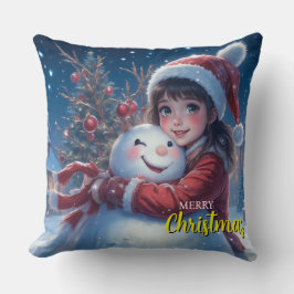 Cute Girl And Snowman Christmas Kudde