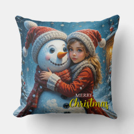 Cute Girl And Snowman Christmas Kudde