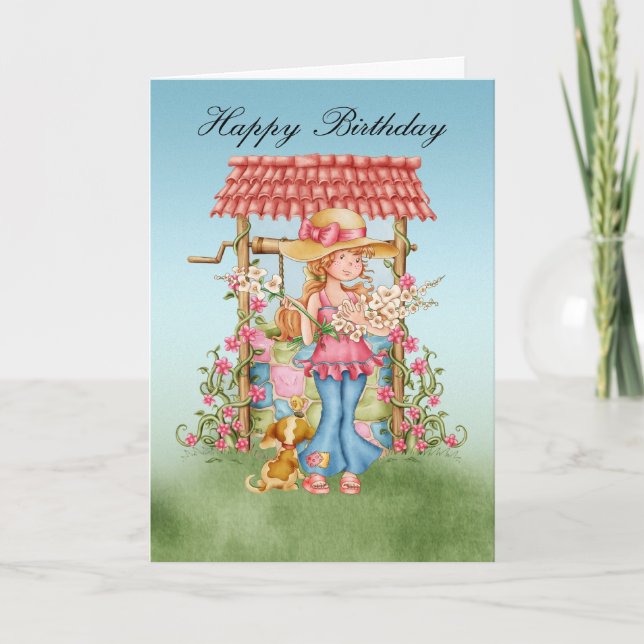 Cute Girl and Wishing well Birday Card - Lycklig B Kort (Framsida)