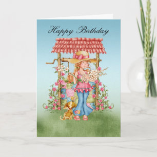 Cute Girl and Wishing well Birday Card - Lycklig B Kort