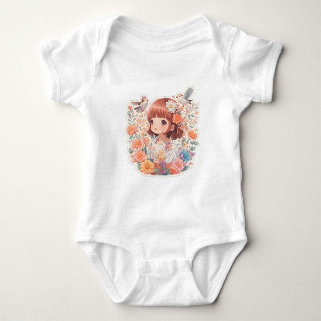Cute Girl Anime in Sea of Flowers T Shirt (Framsida)