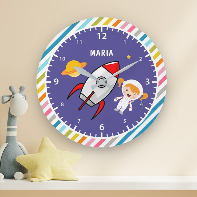 Cute Girl Astronaut Rymden Rocket Kids Stor Klocka (Skapare uppladdad)