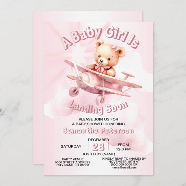 Cute Girl Baby Bear Pilot Rosa Airplan Bevalt Inbjudningar (Fram/baksida)