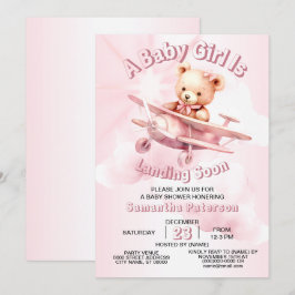 Cute Girl Baby Bear Pilot Rosa Airplan Bevalt Inbjudningar
