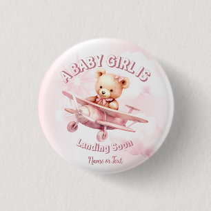 Cute Girl Baby Bear Pilot Rosa Airplan Bevalt Knapp