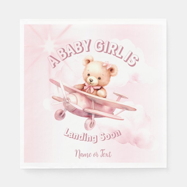 Cute Girl Baby Bear Pilot Rosa Airplan Bevalt Pappersservett (Framsidan)