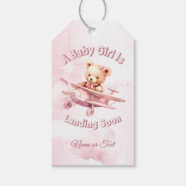 Cute Girl Baby Bear Pilot Rosa Airplan Bevalt Presentetikett