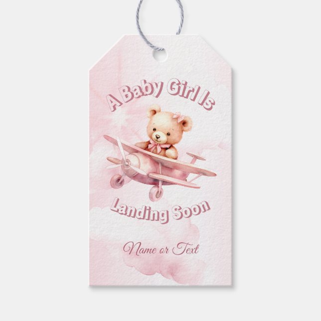 Cute Girl Baby Bear Pilot Rosa Airplan Bevalt Presentetikett (Framsidan)