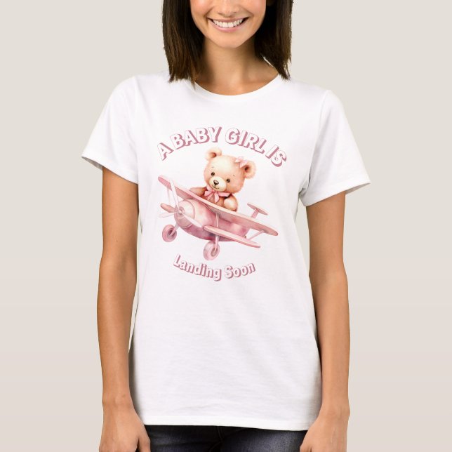 Cute Girl Baby Bear Pilot Rosa Airplan Bevalt T Shirt (Framsida)