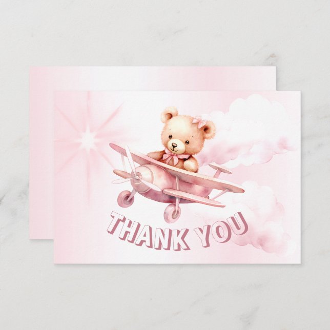 Cute Girl Baby Bear Pilot Rosa Airplan Bevalt Tack Kort (Fram/baksida)