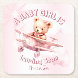 Cute Girl Baby Bear Pilot Rosa Airplan Bevalt Underlägg Papper Kvadrat
