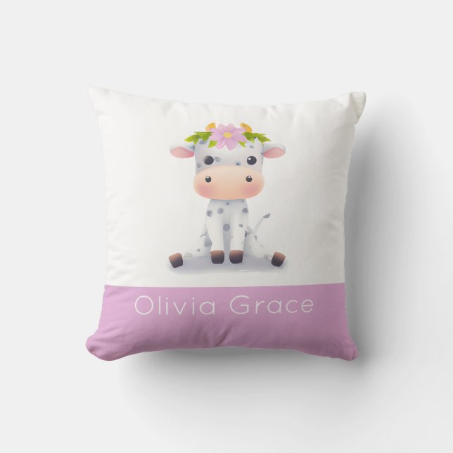 Cute Girl Baby Cow med en krona av blommor Namn Kudde (Framsida)