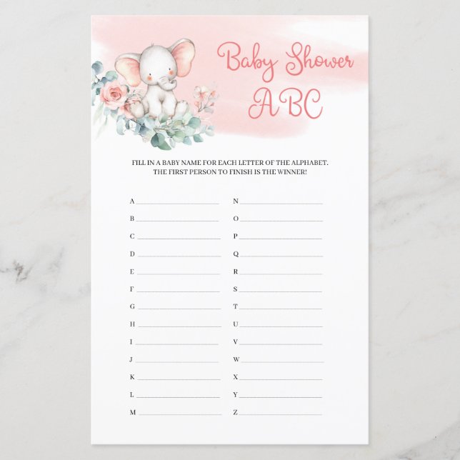 Cute Girl Baby Elephant Eucalyptus Baby Shower ABC (Framsida)