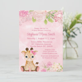 Cute Girl Baby Giraffe Rosa Blommigt Baby Shower Inbjudningar