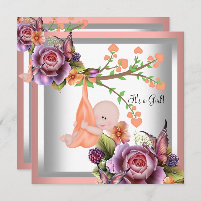 Cute Girl Baby Shower Girl Coral Peach 2 Inbjudningar (Fram/baksida)