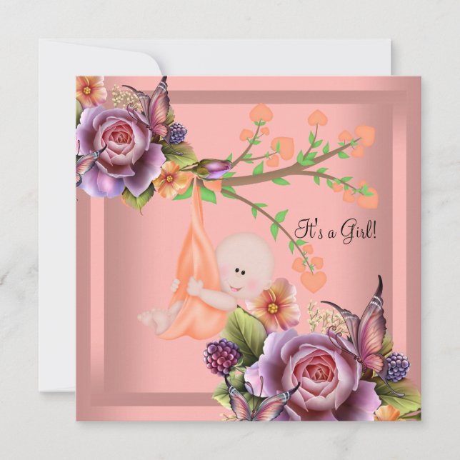 Cute Girl Baby Shower Girl Coral Peach Inbjudningar (Framsida)