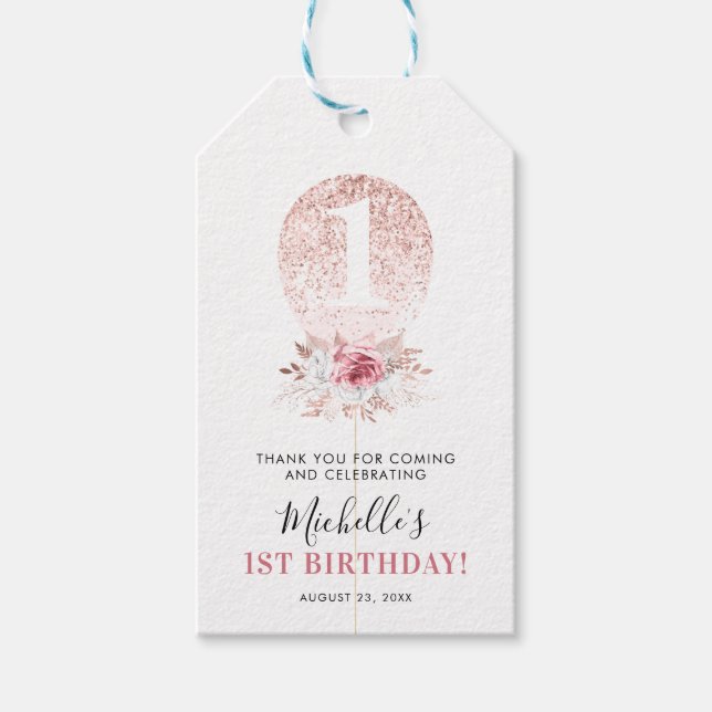 Cute Girl Balloon 1st Birthday Tack Favor Presentetikett (Framsidan)
