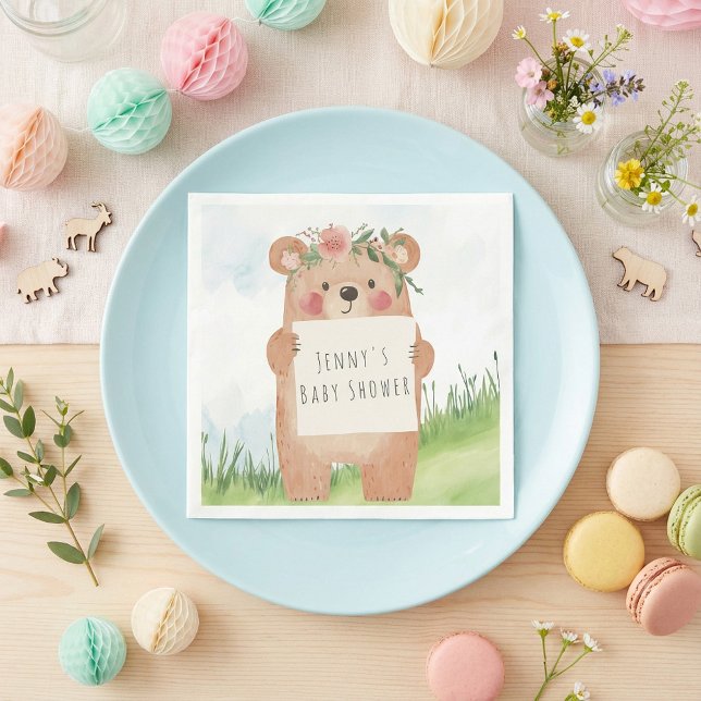 Cute Girl Bear Baby Shower rustie woodland Pappersservett (Cute girl Bear Baby Shower rustic woodland Napkins.)