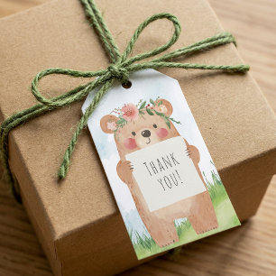 Cute Girl Bear med Blommigt Krona Tack Presentetikett