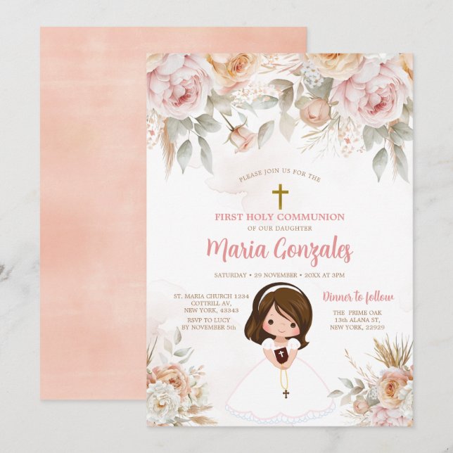 Cute Girl Bible First Heliga Communion Peach Blomm Inbjudningar (Fram/baksida)