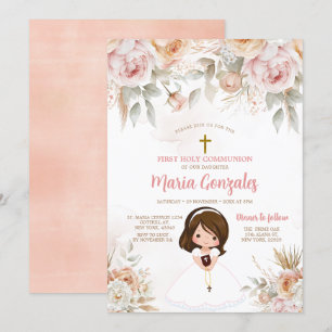 Cute Girl Bible First Heliga Communion Peach Blomm Inbjudningar