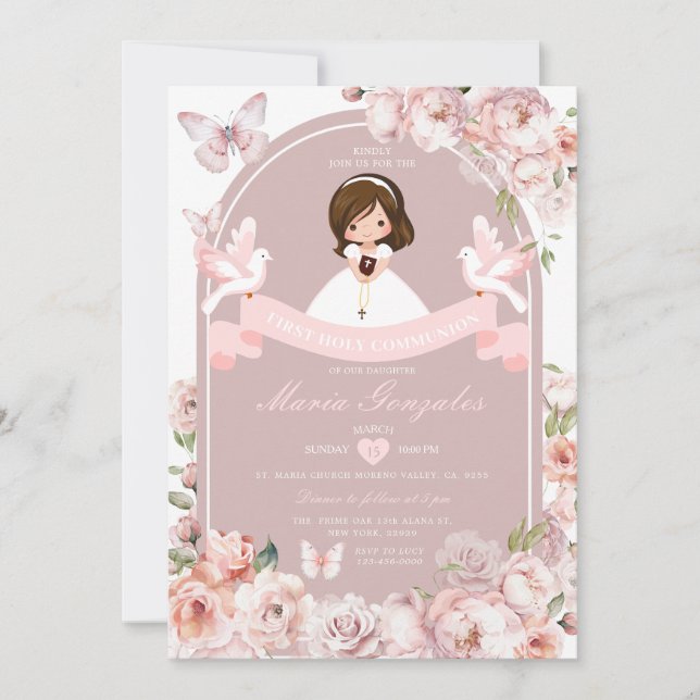 Cute Girl Bible First Heliga Communion Rosa Blommi Inbjudningar (Framsida)