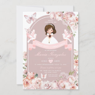Cute Girl Bible First Heliga Communion Rosa Blommi Inbjudningar
